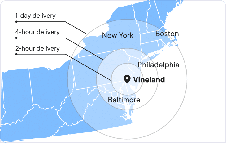 Map of the Northeast US showing 2-hour, 4-hour, and 1-day delivery rings centered on Vineland, NJ — Philadelphia, New York, Baltimore, and Boston all reachable within those radii